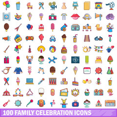 100 family celebration icons set, cartoon style 