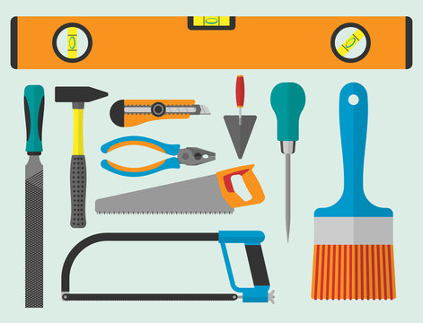 Vector various color flat design house repair instruments equipment icons construction house tools.