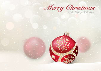 Christmas Greeting with Red Baubles - Elegant Illustration with Blurred Effect and Bokeh Effect and Falling Snow, Vector