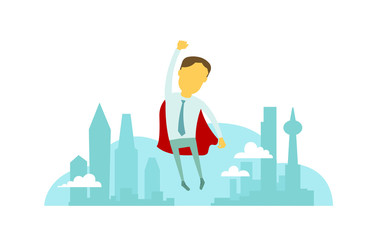 Obraz premium Superhero man businessman flies over the city with hand up. Success and victory. In tie and red cloak. Vector illustration.