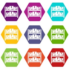 Storage of goods in warehouse icon set color hexahedron