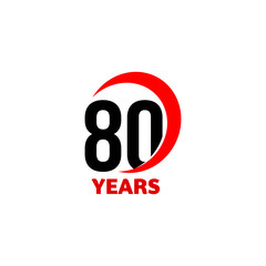 80th Anniversary abstract vector logo. Eighty Happy birthday day icon. Black numbers in red arc with text 80 years.