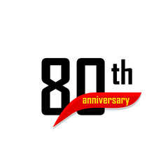 80th Anniversary abstract vector logo. Eighty Happy birthday day icon. Black numbers witth red boomerang shape with yellow text 80 years.