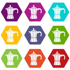 Steel retro coffee pot icon set color hexahedron