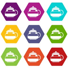 Glass teapot icon set color hexahedron