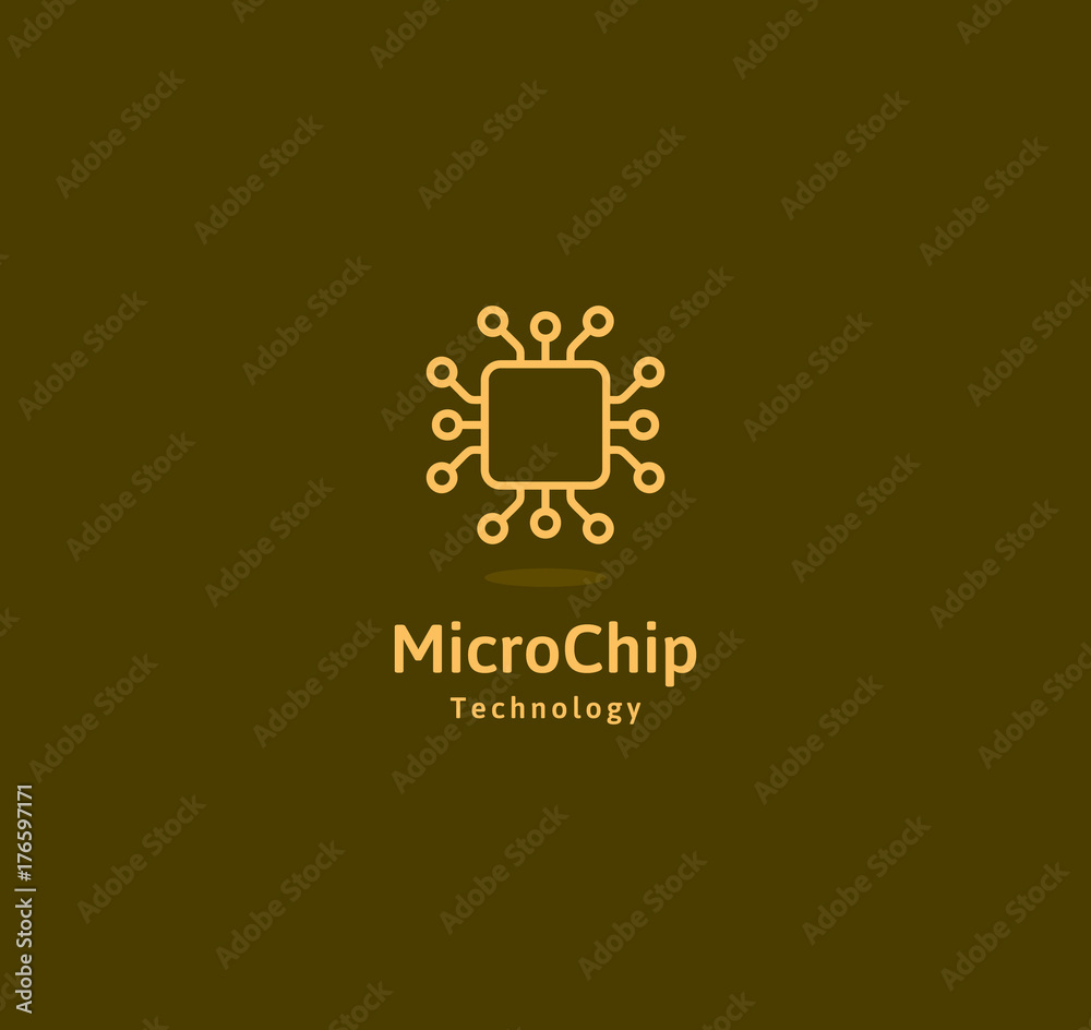 Fototapete Microchip abstract linear vector logo. Microprocessor plain icon. Digital art design element. Smart technology logotype.