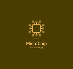 Microchip abstract linear vector logo. Microprocessor plain icon. Digital art design element. Smart technology logotype.