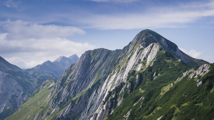 Naklejka na ściany i meble Landscape south side view of mountain peak Šija. Summer in Julian Alps, Bohinj, Slovenia, Europe.