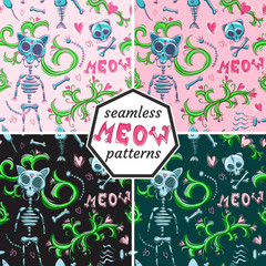 Set. Cat's patterns. Bones. Seamless patterns.