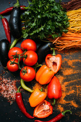 food organic vegetable tomato parsley pepper eggplant pasta concept