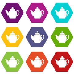 Teapot icon set color hexahedron