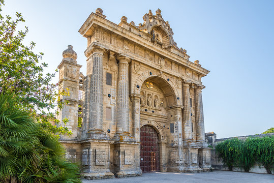 Entrance gate to charterhouse of Santa Maria de la Defension in Jerez de la Frontera, Spain