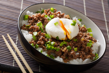 Japanese dish: spicy meat Soboro with egg poached and rice close-up in a bowl. horizontal