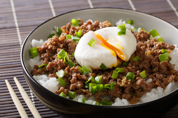 Japanese breakfast: stewed beef Soboro with egg benedict, rice and green onion close-up. Horizontal