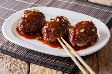 Japanese hambagu steak with sauce close-up on a white plate. horizontal