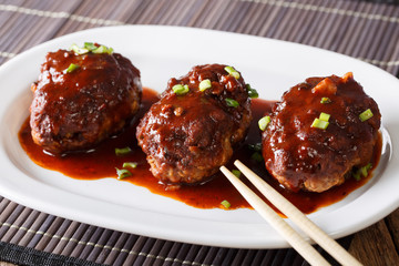 Homemade Japanese hambagu steak with sauce close-up. horizontal