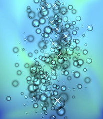 Blue water bubbles on gold silk background