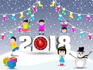 Naklejka premium Postcard Happy New Year 2018 and merry christmas with funny kids