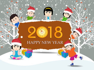 Fototapeta premium Postcard Happy New Year 2018 and merry christmas with funny kids