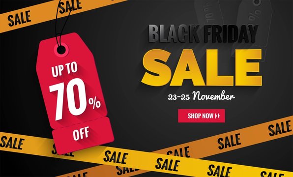 Black friday sale black and yellow banner.Sale poster with price tags and yellow caution tape. Vector illustration.