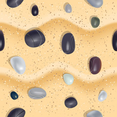 Sand and stone seamless pattern. Multi-colored sea pebbles on the sand.
