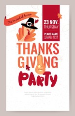 Invitation poster for thanksgiving dinner or party.  Cute template with turkey and pumpkin. Vector illustration