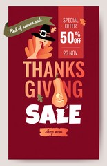 Thanksgiving sale cartoon poster. Thanksgiving autumn background with leaves, pumpkin and cute turkey. Vector illustration.