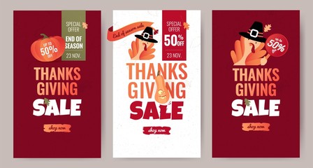 Set of Thanksgiving sale cartoon posters. Thanksgiving autumn background with leaves, pumpkin and cute turkey. Vector illustration.