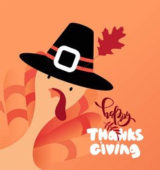 Happy Thanksgiving cartoon poster. Thanksgiving autumn background with leaves, hand lettering and cute turkey. Vector illustration.