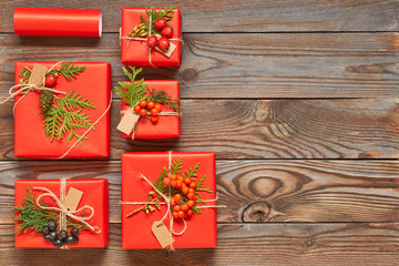 Christmas presents on wooden background