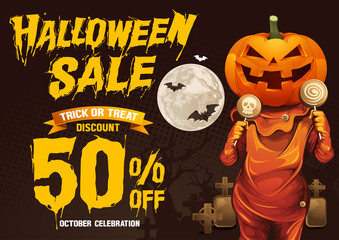 Halloween Sale, Pumpkins treat or trick, Discount Sale Vector illustration. Horizontal poster, EPS 10 You can rearrange the images or you can place relevant content on the area.