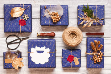 Christmas presents on wooden background