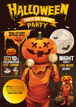Halloween Party, Pumpkins treat or trick, Discount Sale, Eat, Drink, Vector illustration. Vertical Poster, EPS 10 You can rearrange the images or you can place relevant content on the area.