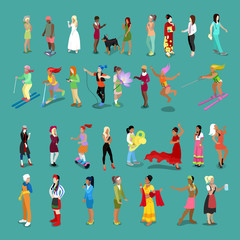 Isometric People Women Set. Female Characters in different Poses and Professions. Vector flat 3d illustration