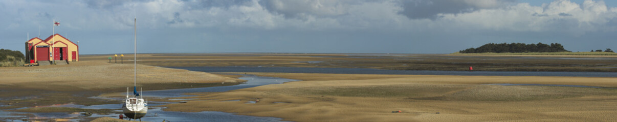Panoramic view of Estuary and RNLI lifeboat station at Wells nex