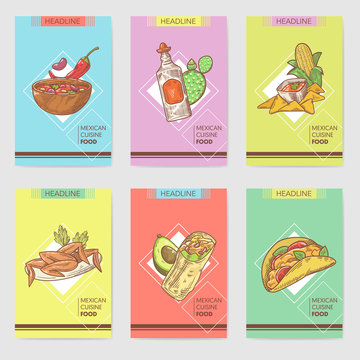 Mexican Food Hand Drawn Brochure Template Set. Mexico Traditional Cuisine Cards. Vector illustration