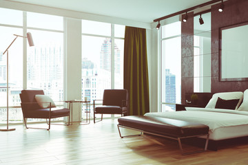 Gray bedroom interior, poster, corner toned