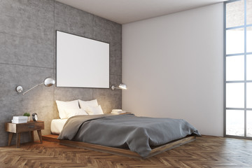 Fototapeta na wymiar Concrete bedroom interior, poster, corner