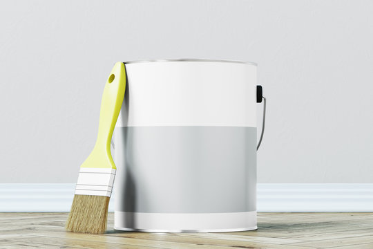Gray Paint Bucket And A Brush