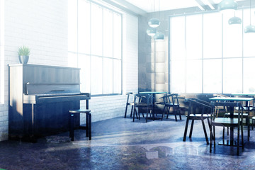 White cafe interior corner, piano double