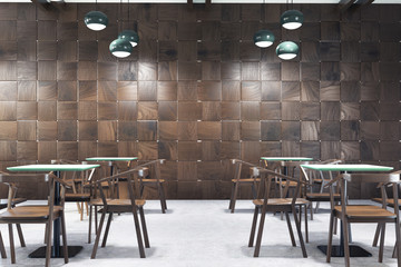 Wooden cafe interior, tables and chairs