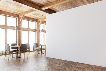 Wooden cafe interior, white wall side
