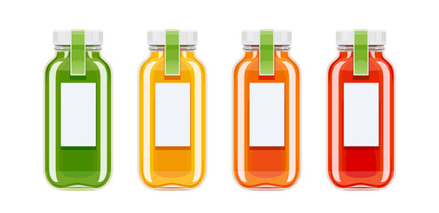Glass juice bottles. Ecological beverage. Vegetarian healthy