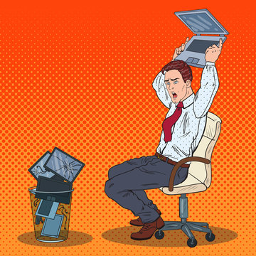 Pop Art Angry Businessman Throws Out Laptop. Stress at Office Work. Vector illustration