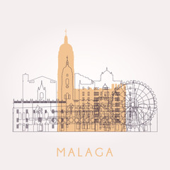 Outline Malaga skyline with landmarks. Vector illustration. Business travel and tourism concept with historic buildings. Image for presentation, banner, placard and web site. - obrazy, fototapety, plakaty
