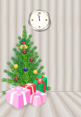 Christmas tree with gift boxes and clock on wooden background, Holiday Christmas winter background