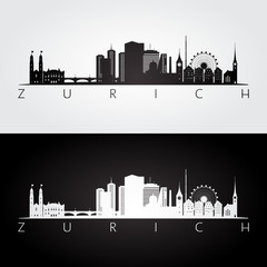 Fototapeta premium Panoramę Zurychu i zabytki sylwetka, czarno-biały design, ilustracji wektorowych.