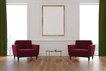 White living room, armchairs, poster