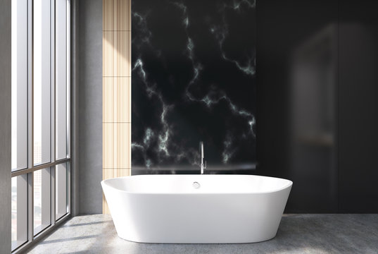 Black marble bathroom, tub