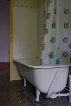 baignoire ancienne avec rideaux pommes vertes